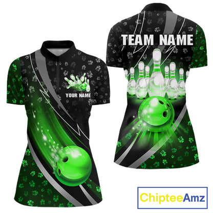 Black and Green Shamrock pattern Bowling Shirts for Women Custom St Patrick Team Bowling jerseys NQS11513