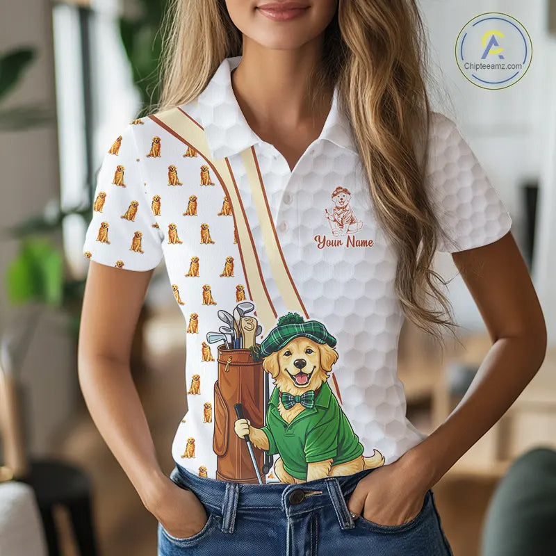 Funny Womens golf polo shirts custom Golden retriever golf pattern white ladies golf shirts NQS11519