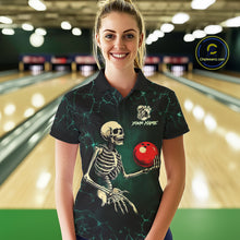 Load image into Gallery viewer, Black and Green Lightning Skull Bowling Polo, Quarter zip shirts For Women Custom Bowling Team Outfit NQS10921