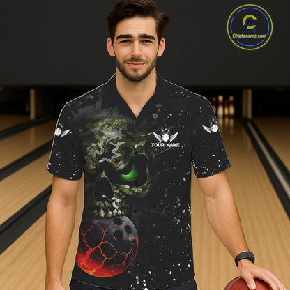 Black and Green Camo grunge American Flag Skull Bowling Hawaiian Shirt Custom Bowling Team jerseys NQS11294