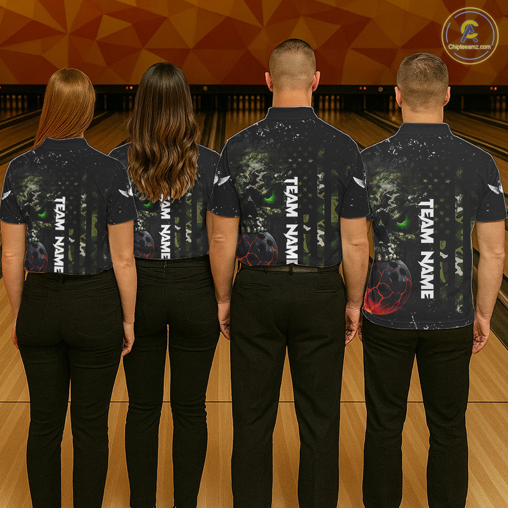 Black and Green Camo grunge American Flag Skull Bowling Shirts for Men Custom Bowling Team jerseys NQS11294