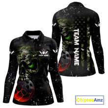 Load image into Gallery viewer, Black and Green Camo grunge American Flag Skull Bowling Shirts for Women Custom Bowling Team jerseys NQS11294