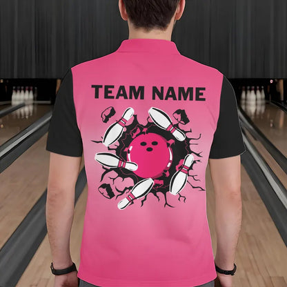 Personalized Black and Pink Retro Bowling Polo, Quarter Zip Team Shirts For Men Custom Bowling Gifts NQS9422