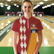 Load image into Gallery viewer, Red &amp; Yellow Retro Bowling Polo, Quarter Zip shirt for Women Custom vintage team bowling jersey NQS9579