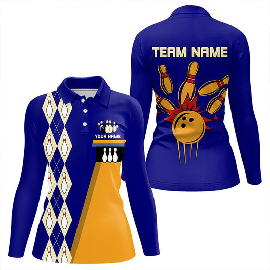 Blue & Yellow Retro Bowling Polo, Quarter Zip shirt for Women Custom vintage team bowling jersey NQS9583