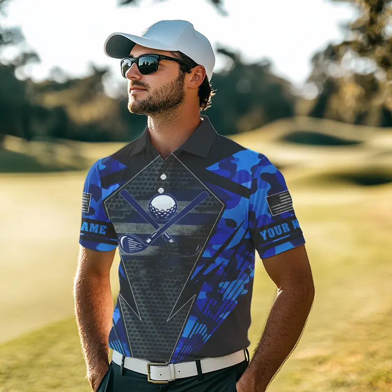 Blue Camo Golf Polo Shirts For Men Custom best mens golf wear, golfing gifts NQS9734