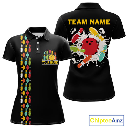 Personalized Black and Colorful Retro Bowling Polo, 1/4 Zip Team Shirt For Women Custom Bowling Gifts NQS11106