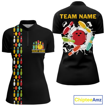 Personalized Black and Colorful Retro Bowling Polo, 1/4 Zip Team Shirt For Women Custom Bowling Gifts NQS11106