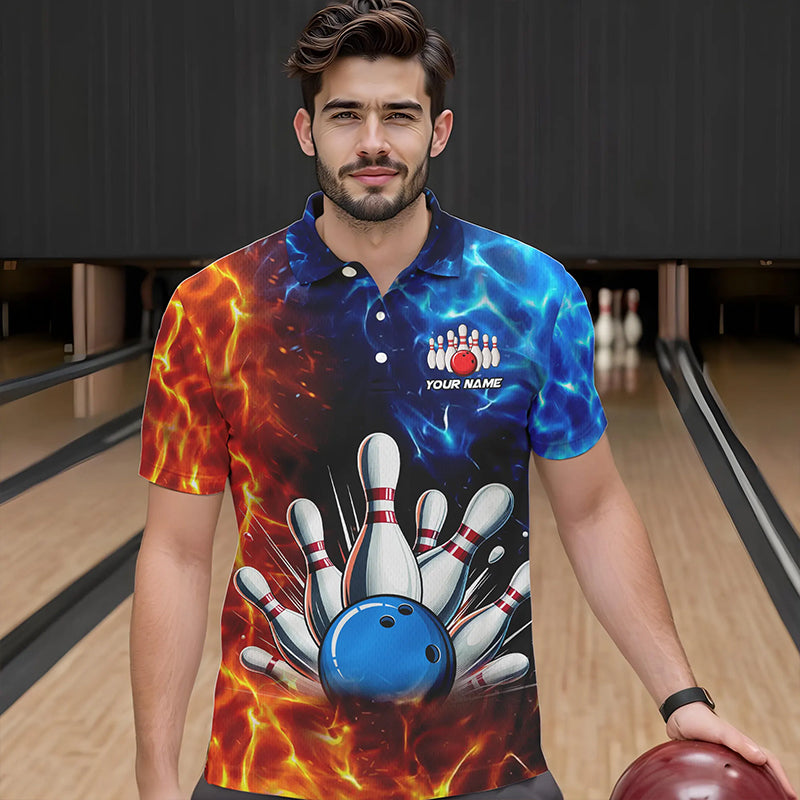 Custom Blue and Orange Flame Bowling Polo, Quarter Zip Shirts For Men, Bowling Team Jerseys NQS9592