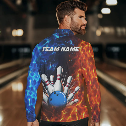 Custom Blue and Orange Flame Bowling Polo, Quarter Zip Shirts For Men, Bowling Team Jerseys NQS9592