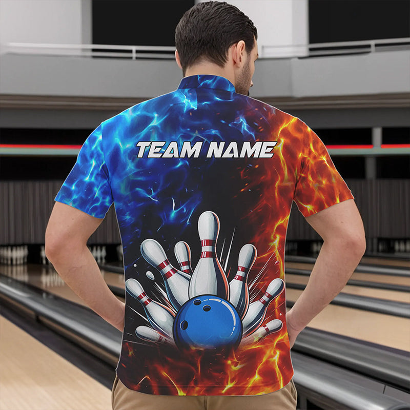 Custom Blue and Orange Flame Bowling Polo, Quarter Zip Shirts For Men, Bowling Team Jerseys NQS9592