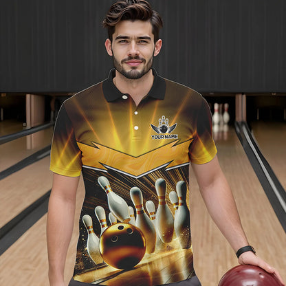 Custom Name Black And Gold Bowling Jerseys For Men, Bowling Team Polo, Quarter-Zip Shirts NQS9745