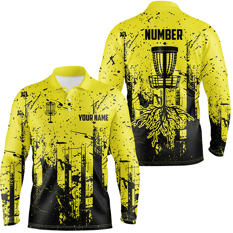 Black & yellow grunge pattern Mens Disc golf polo shirts custom disc golf jerseys, disc golf attire NQS8101