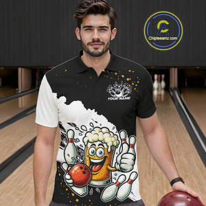 Funny Beer Glass Black and White Bowling Polo, 1/4 Zip Shirts for Men Custom Bowling Team Jersey NQS10933