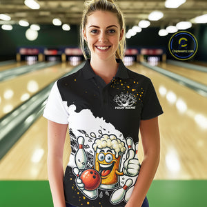Funny Beer Glass Black and White Bowling Polo, 1/4 Zip Shirts for Women Custom Bowling Team Jersey NQS10933