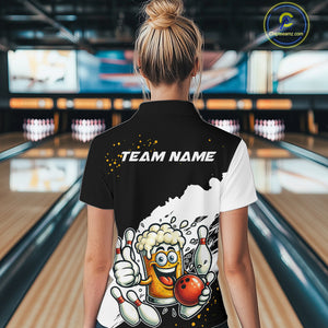 Funny Beer Glass Black and White Bowling Polo, 1/4 Zip Shirts for Women Custom Bowling Team Jersey NQS10933