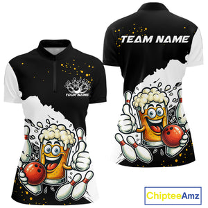 Funny Beer Glass Black and White Bowling Polo, 1/4 Zip Shirts for Women Custom Bowling Team Jersey NQS10933