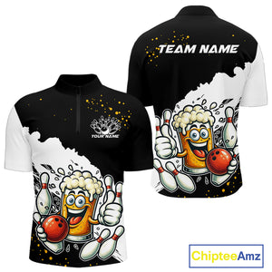 Funny Beer Glass Black and White Bowling Polo, 1/4 Zip Shirts for Men Custom Bowling Team Jersey NQS10933