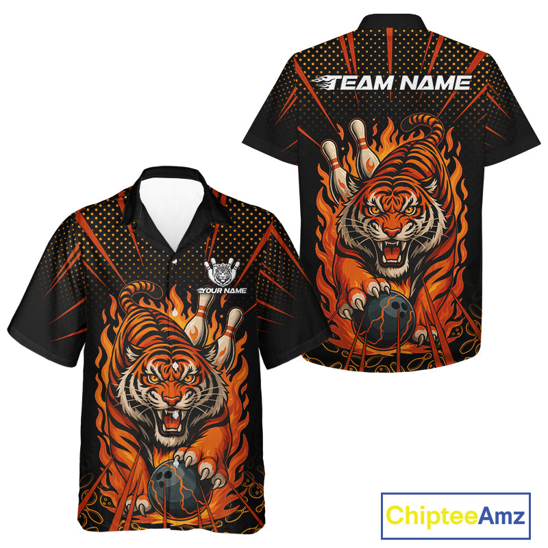 Personalized Tiger Bowling button-up Shirt, Black and Orange Flame Team Tiger Hawaiian Bowling Jersey NQS11110