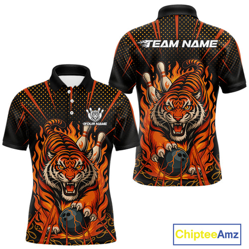 Personalized Tiger Bowling Shirts For men, Black and Orange Flame Team Tiger Bowling Jerseys NQS11110