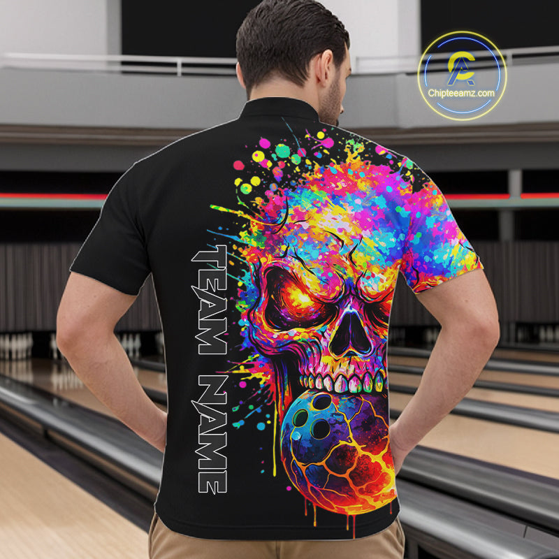 Colorful Skull bowling jerseys Bowling Polo, 1/4 zip Shirt Custom Bowling Team shirt for mens bowlers NQS11317