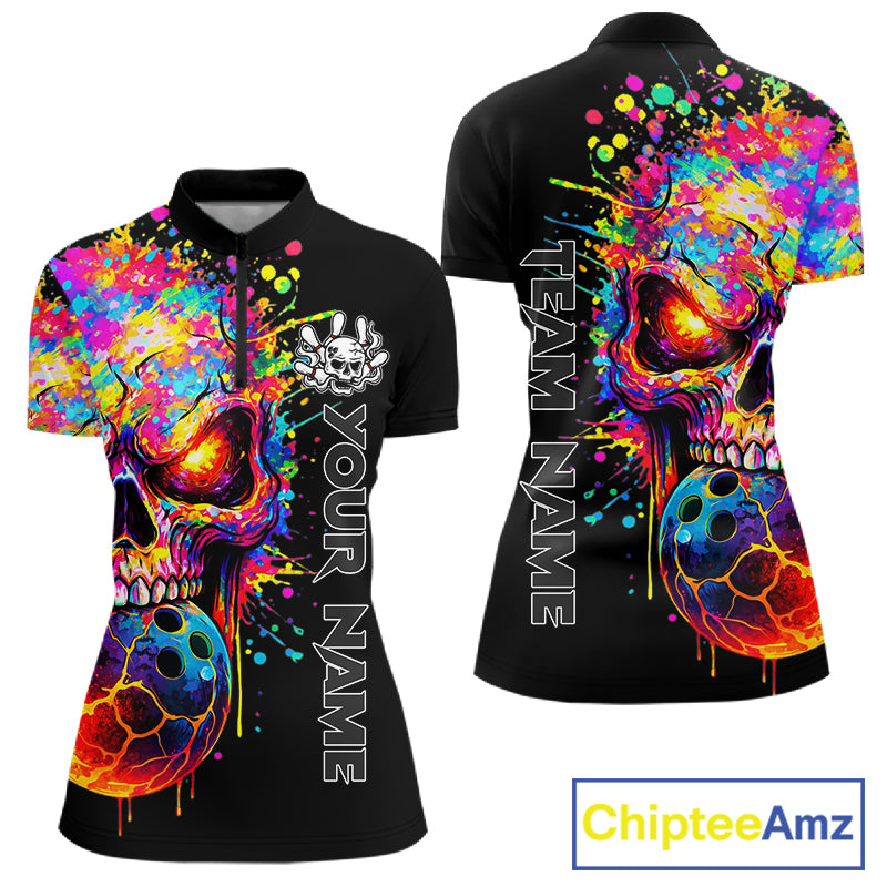 Colorful Skull bowling jerseys Bowling Polo, 1/4 zip Shirt Custom Bowling Team shirt for ladies NQS11317