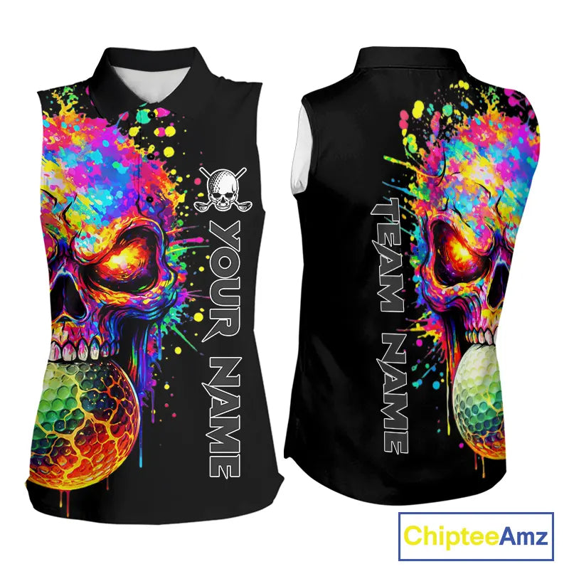 Colorful Skull Golf jerseys Black Women's Sleeveless polo shirt Custom Team ladies golf clothes NQS11318