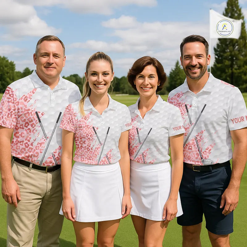 Pink glitter Leopard skin pattern custom name white Womens golf polo shirts, team ladies golf tops NQS11526
