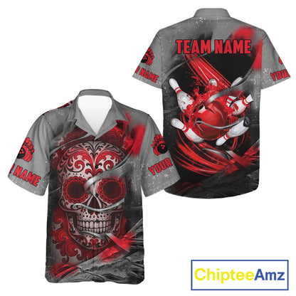 Red Sugar Skull Tattoo Custom Bowling Hawaiian Shirt, Team Bowling button up shirt NQS11528