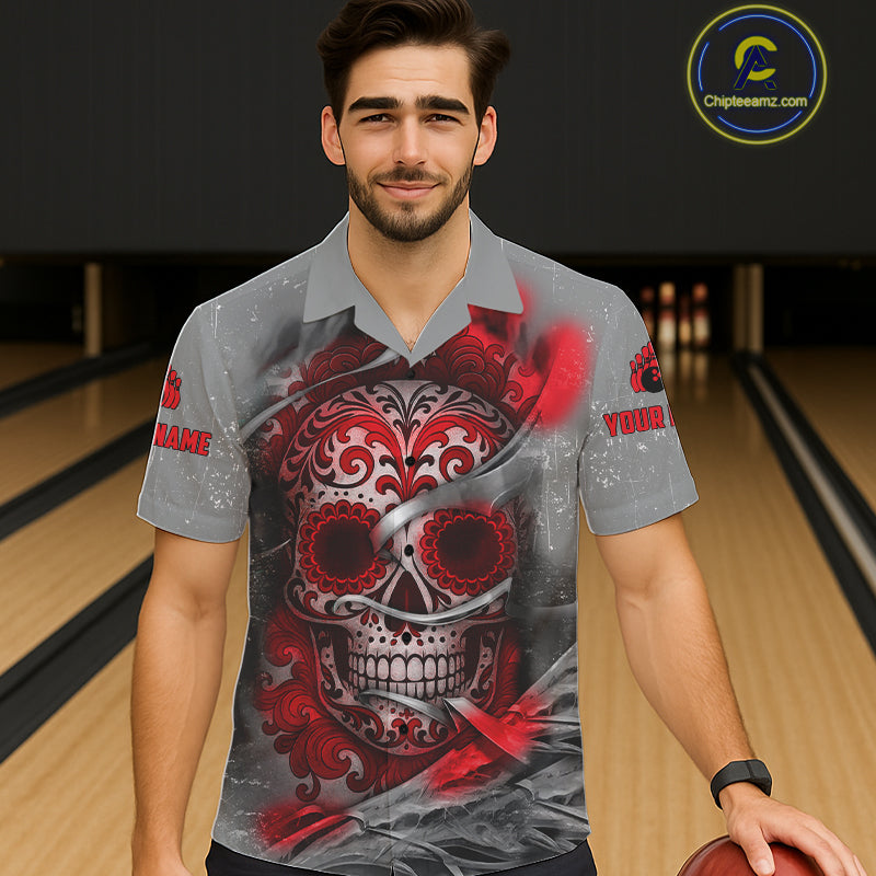 Red Sugar Skull Tattoo Custom Bowling Hawaiian Shirt, Team Bowling button up shirt NQS11528
