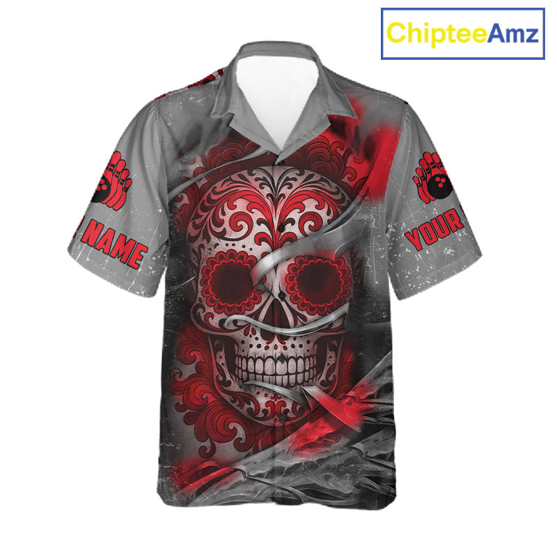 Red Sugar Skull Tattoo Custom Bowling Hawaiian Shirt, Team Bowling button up shirt NQS11528