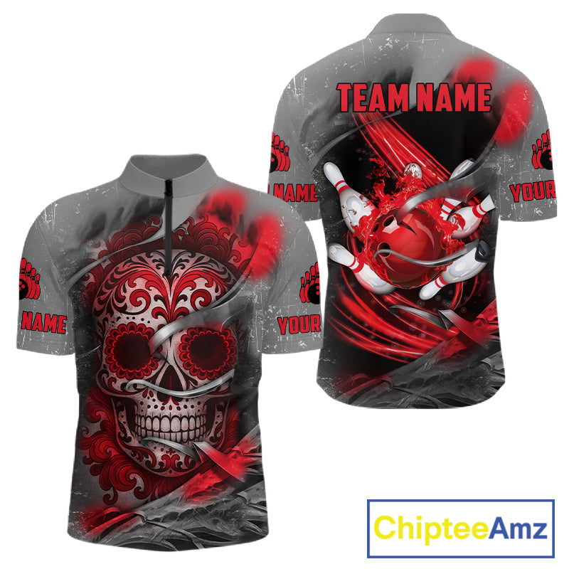 Red Sugar Skull Tattoo Custom Mens Bowling Polo, Quarter Zip Shirts,Team Bowling Jerseys NQS11528