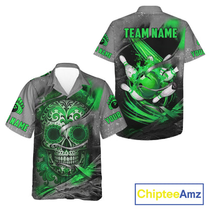 Green Sugar Skull Tattoo Custom Bowling Hawaiian Shirt, Team Bowling button up shirt NQS11529