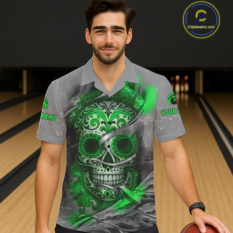 Green Sugar Skull Tattoo Custom Bowling Hawaiian Shirt, Team Bowling button up shirt NQS11529
