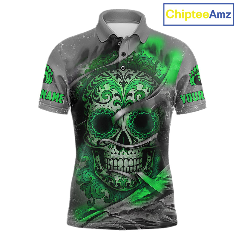 Green Sugar Skull Tattoo Custom Mens Bowling Polo, Quarter Zip Shirts,Team Bowling Jerseys NQS11529
