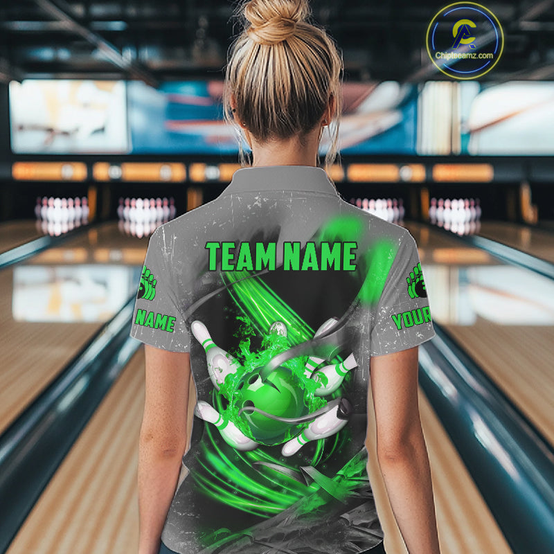 Green Sugar Skull Tattoo Custom Women Bowling Polo, Quarter Zip Shirts,Team Bowling Jerseys NQS11529