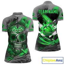 Load image into Gallery viewer, Green Sugar Skull Tattoo Custom Women Bowling Polo, Quarter Zip Shirts,Team Bowling Jerseys NQS11529