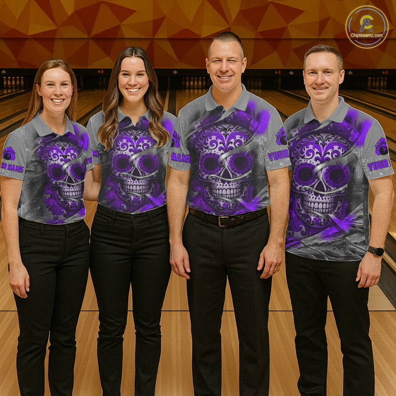 Purple Sugar Skull Tattoo Custom Women Bowling Polo, Quarter Zip Shirts,Team Bowling Jerseys NQS11530