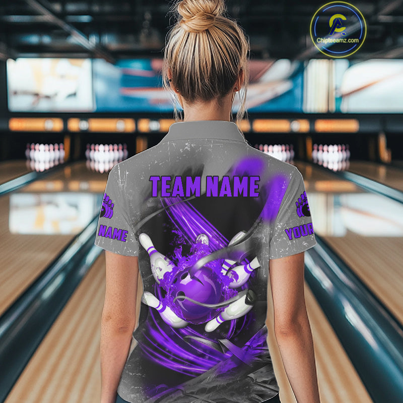 Purple Sugar Skull Tattoo Custom Women Bowling Polo, Quarter Zip Shirts,Team Bowling Jerseys NQS11530