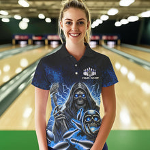 Load image into Gallery viewer, Personalized Skull Bowling Shirt For Women Custom Team Name Lightning Thunder Bowler Jerseys | Blue NQS9747