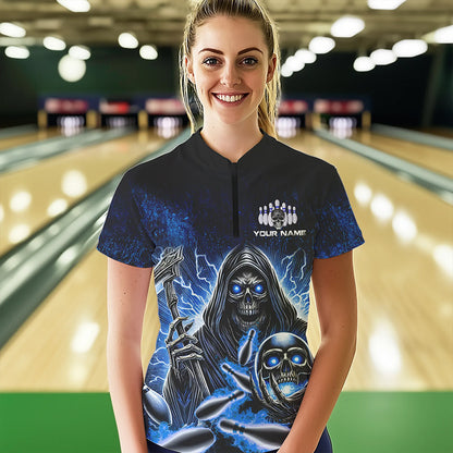 Personalized Skull Bowling Shirt For Women Custom Team Name Lightning Thunder Bowler Jerseys | Blue NQS9747