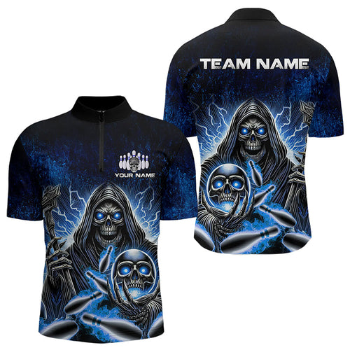 Personalized Skull Bowling Shirt For Men Custom Team Name Lightning Thunder Bowler Jerseys | Blue NQS9747