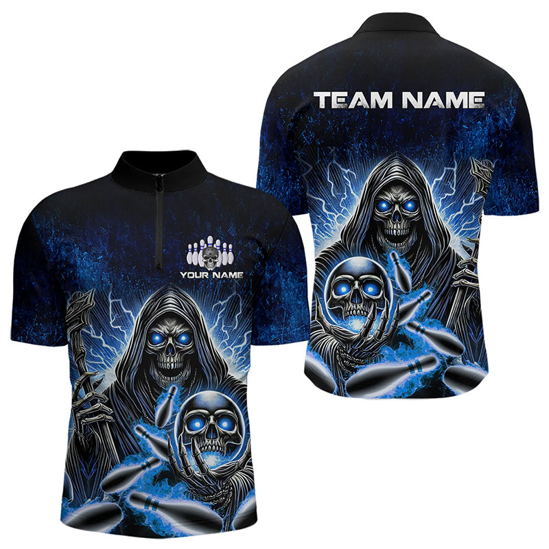 Personalized Skull Bowling Shirt For Men Custom Team Name Lightning Thunder Bowler Jerseys | Blue NQS9747