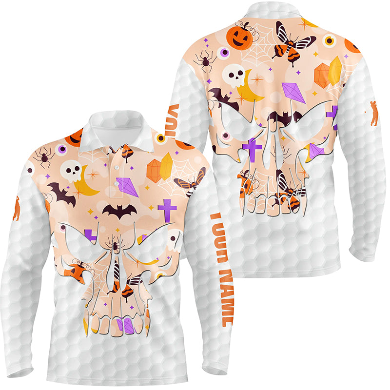 Mens golf polo shirt orange Halloween pattern custom skull golf ball shirt for men, best men golf wear NQS8543