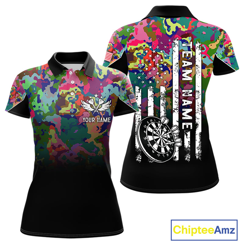 Black and Colorful Camo Women Darts Shirts Custom American Flag patriotic Team Darts Jersey NQS11122