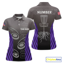 Load image into Gallery viewer, Women&#39;s disc golf polo shirt custom name, number camo disc golf jersey for ladies | Purple NQS11124