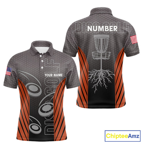 Mens disc golf polo shirt custom name, number camo disc golf jersey, mens disc golf apparel | Orange NQS11125