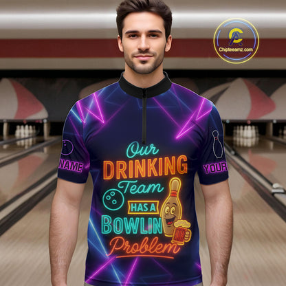 Our Drinking Team has a bowling problem Custom colorful neon funny bowling and beer shirts for men NQS11126