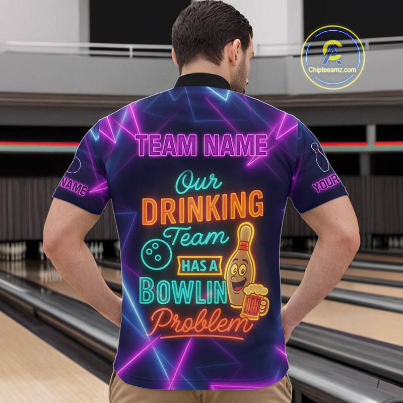 Our Drinking Team has a bowling problem Custom colorful neon funny bowling and beer shirts for men NQS11126