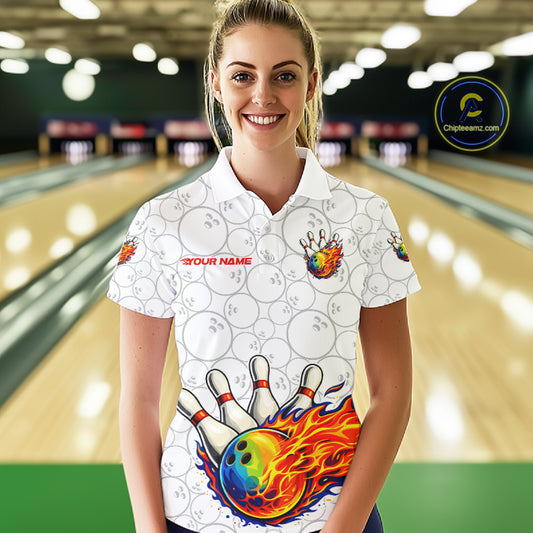Colorful rainbow flame Bowling Polo, 1/4 zip Shirt For Women Custom white camo Bowling Team jerseys NQS11319